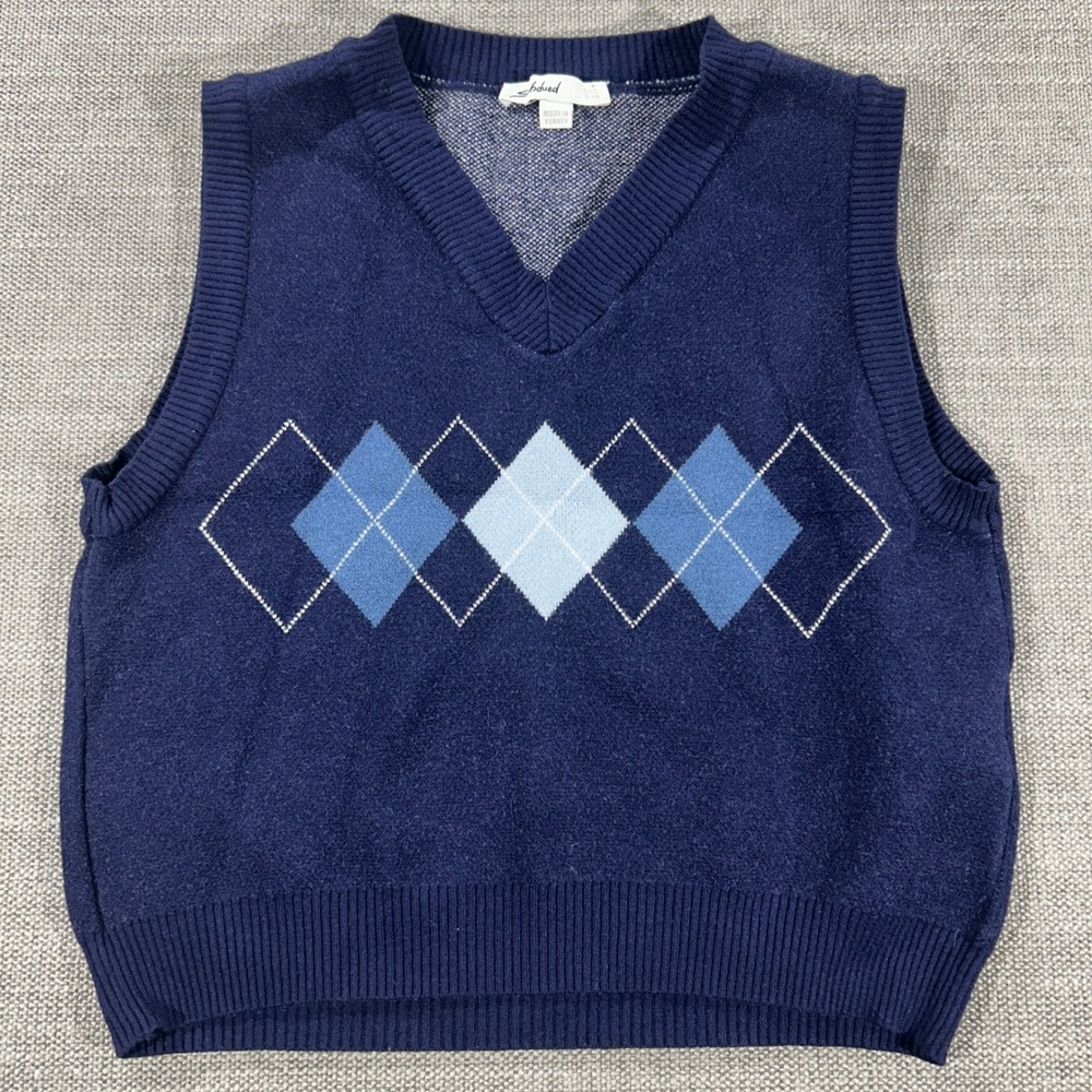 Subdued Sweater Vest Womens One Size Navy Blue Excellent Argyle V-Neck Knit